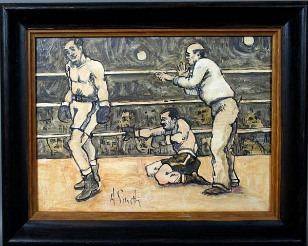 SIGNED ARTHUR SMITH, THE KNOCKOUT, O/B: Arthur Smith (American, d. 1972), The Knockout, oil on board, 12" x 16", signed LL. Good condition. In a frame measuring 15 3/4" x 19 3/4".