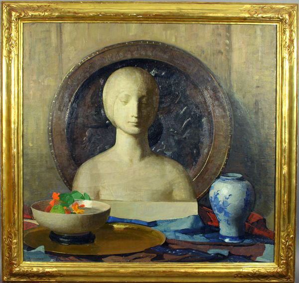 SGND JOHN SHARMAN, THE UNKNOWN WOMAN, O/C: John Sharman (American, 1879-1971), "The Unknown Woman", oil on canvas, 34" x 36", signed LL. With a Guild of Boston Arts label verso giving the title of the painting. Good, unlined condition. In a fi