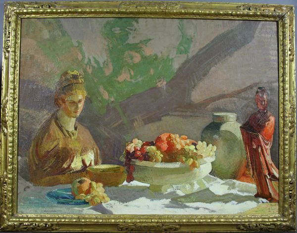 SGND JOHN SHARMAN STILL LIFE w/ SCULPTURE, O/C: John Sharman (American, 1879-1971), Still Life with Sculpture, Ceramics and Fruit, oil on canvas, 30" x 40", usigned and from the estate of the artist. Good, unlined condition. In a Newcomb-Macklin fr