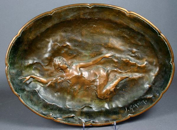 GERMAN ART NOUVEAU COPPER FINISHED PLAQUE: German Art Nouveau copper finished wall plaque signed J. Garnier, Swimming Aude, 12 1/2"h. x 17"w. Wear to finish on body.