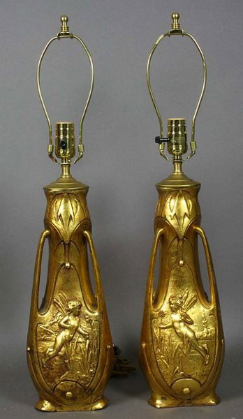 PAIR OF ART NOUVEAU TABLE LAMPS, "J. GARNIER": Pair of Art Nouveau table lamps, gilded metal, fairy motif, 16"h., signed "J. Garnier".
