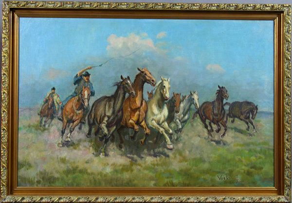 20th CENTURY, HORSE ROUND-UP, O/C, SGND VISKI: 20th Century, Horse Round-up, o/c, 23 3/4" x 35 3/4", framed 27" x 39", signed "Viski J." LR. Good condition.