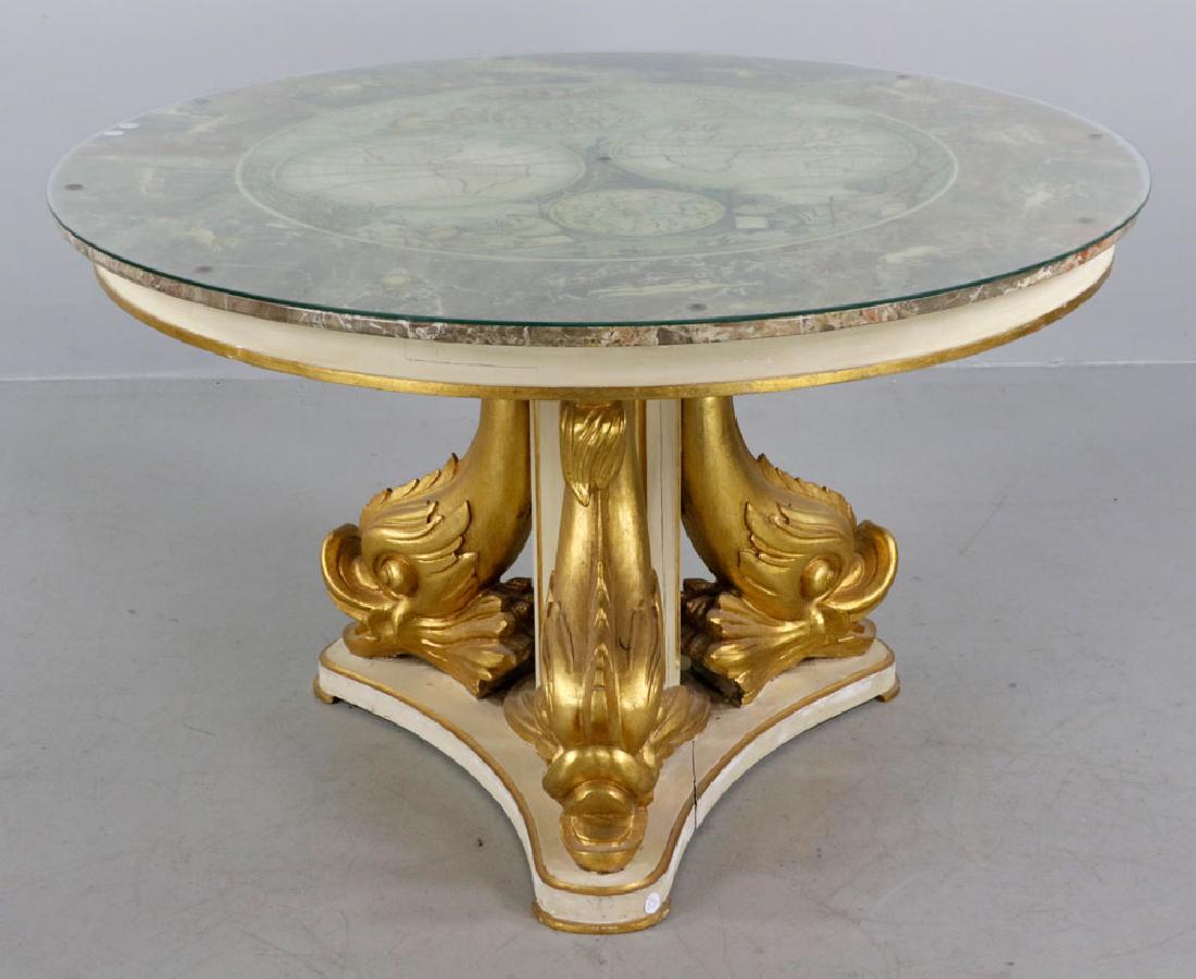 Venetian Marble Top Center Table: Venetian marble top center table, with hand-painted top depicting world maps and carved dolphin-form base with gold leaf embellishment, 31 1/4" h x 51" dia. Provenance: From a Rockport, Massachusetts