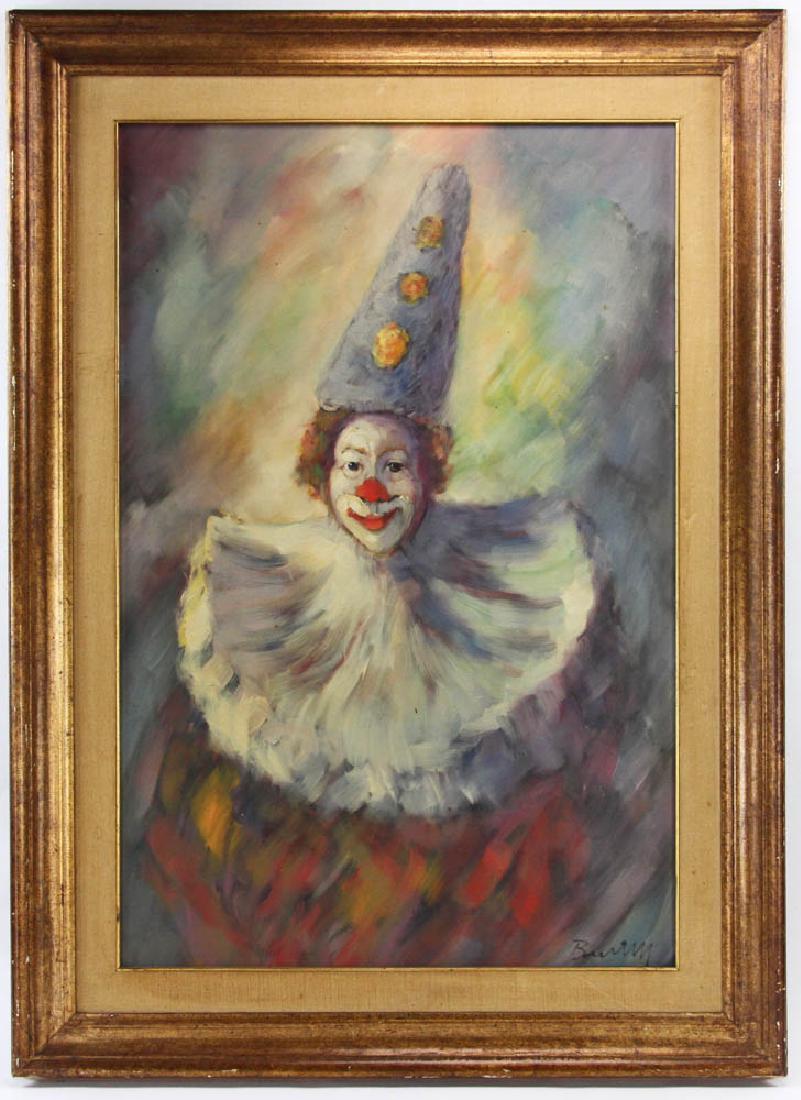 German School, Clown, Oil on Canvas: German School, clown, oil on canvas, signed L/R, 36" x 24", frame 45" x 32".