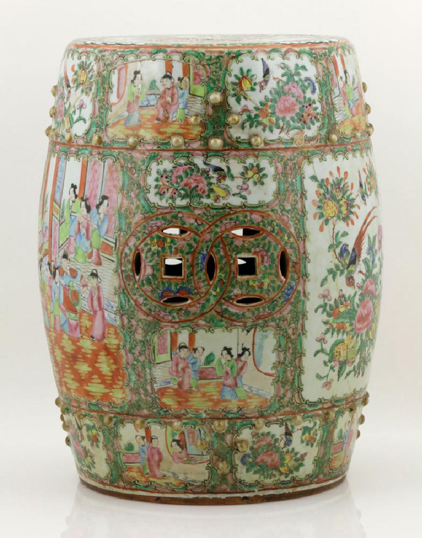 19th C. Chinese Rose Medallion Porcelain Garden Barrel: 19th C. Chinese Rose Medallion porcelain garden barrel, having old repair, 19" x 14".
