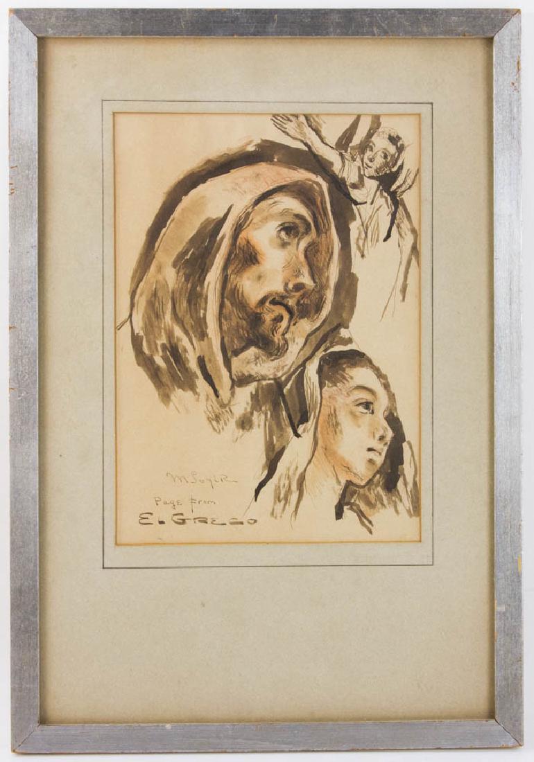 Moses Soyer, Page From El Greco, Watercolor: Moses Soyer (1899-1974), "Page From El Greco", watercolor, signed and title L/L, 11 3/4" x 8 1/4" (sight), frame 20 1/4" x 14".