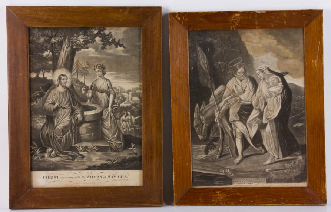 (2) Early 19th C. Prints of Christ: Two early 19th C. prints, Christ and woman of Samaria, and the Holy Family fleeing to Egypt, both approximately 17" x 13" frame size.