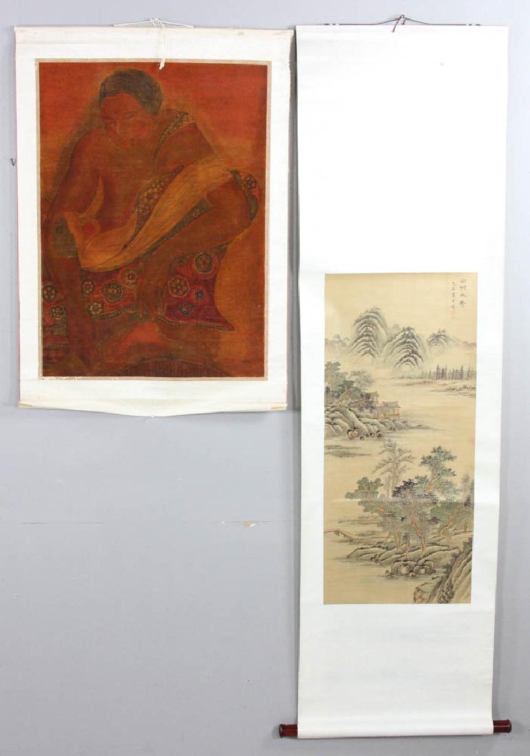 Indonesian Scroll and Japanese Scroll: Indonesian scroll signed 'Toya', 21" w. x 29 1/2" l.with a Japanese scroll, 14 3/4" w. x 33" l.