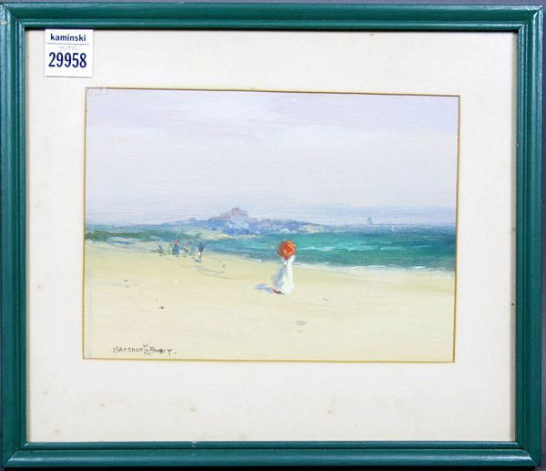 SIGNED CLARENCE BRALEY, BEACH SCENE, O/C: Late 19th/early 20th Century, Beach Scene, o/c, 6" x 8", framed and under glass, 9 3/4" x 11 1/2", signed Clarence E. Braley LL. Good condition.