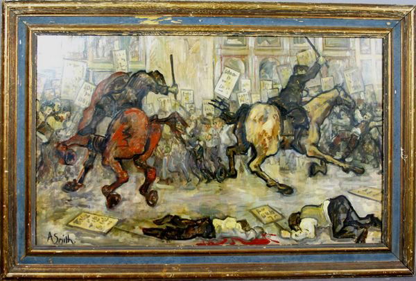 SIGNED ARTHUR SMITH, STRIKEBREAKERS, O/B: Arthur Smith (American, d.1972), Strikebreakers, o/b, 24" x 39 1/2", framed 31 1/2" x 47 1/2", signed LL. Distressed frame.