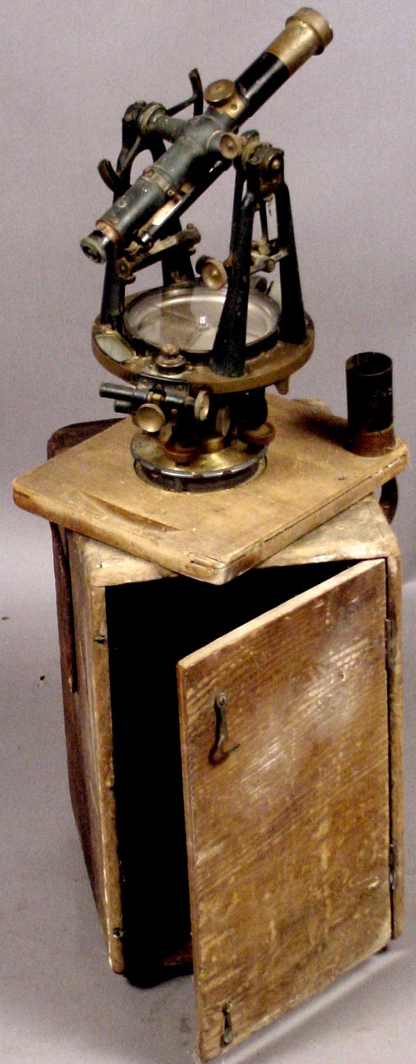 C.L. BERGER & SONS BOSTON SURVEYOR'S INSTRUMENT: Brass surveyor's instrument in wooden box, manufactured by C.L. Berger & Sons, Boston.
