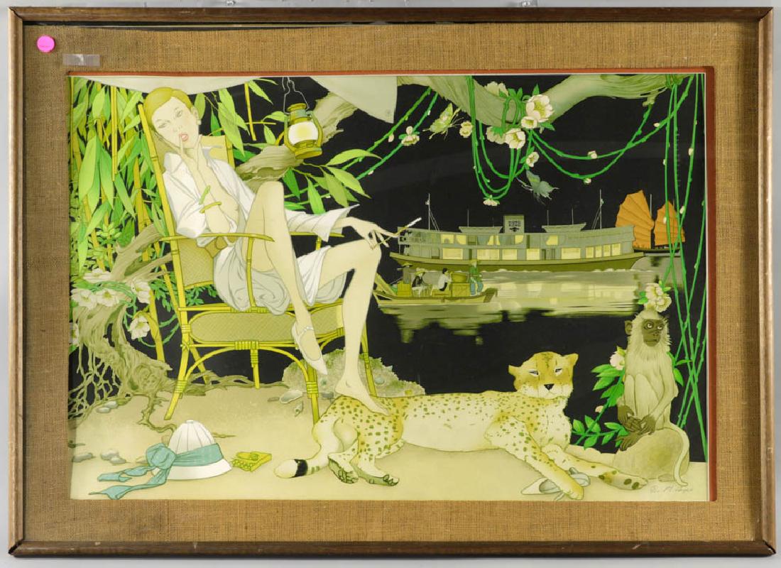 P.L. Chang Print of Hong Kong Harbor: P.L. Chang, print of Hong Kong Harbor, signed in pencil, 27" x 39", framed 34" x 46".