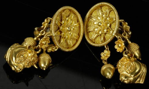 Ladies 18k Gold Earrings by Lalaounis: Pair of ladies 18k yellow gold Etruscan-style earrings made by Ilias Lalaounis, 1 1/2"h. Approximately 21 grams TW. In original box. Owner paid $3200. Provenance: Doctor Carl Katz, Cincinnati, Ohio an