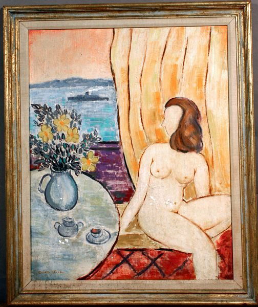 Sgnd E. Hicks, "Bon Voyage Sailor Boy": Mid 20th Century, "Bon Voyage Sailor Boy", oil on masonite, 30" x 24", framed 35 1/2" x 29 1/2", signed "Edward Hicks" LL. Good condition, with some paint flaking and craquelure, label verso.