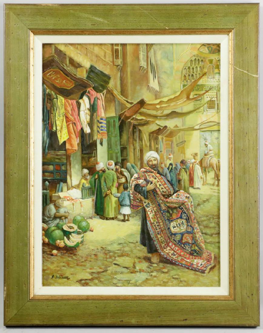 A. Robinson, The Rug Market: A. Robinson, The Rug Market, signed, oil on board, 15" x 11", framed 20" x 16". Provenance: Palm Beach estate.