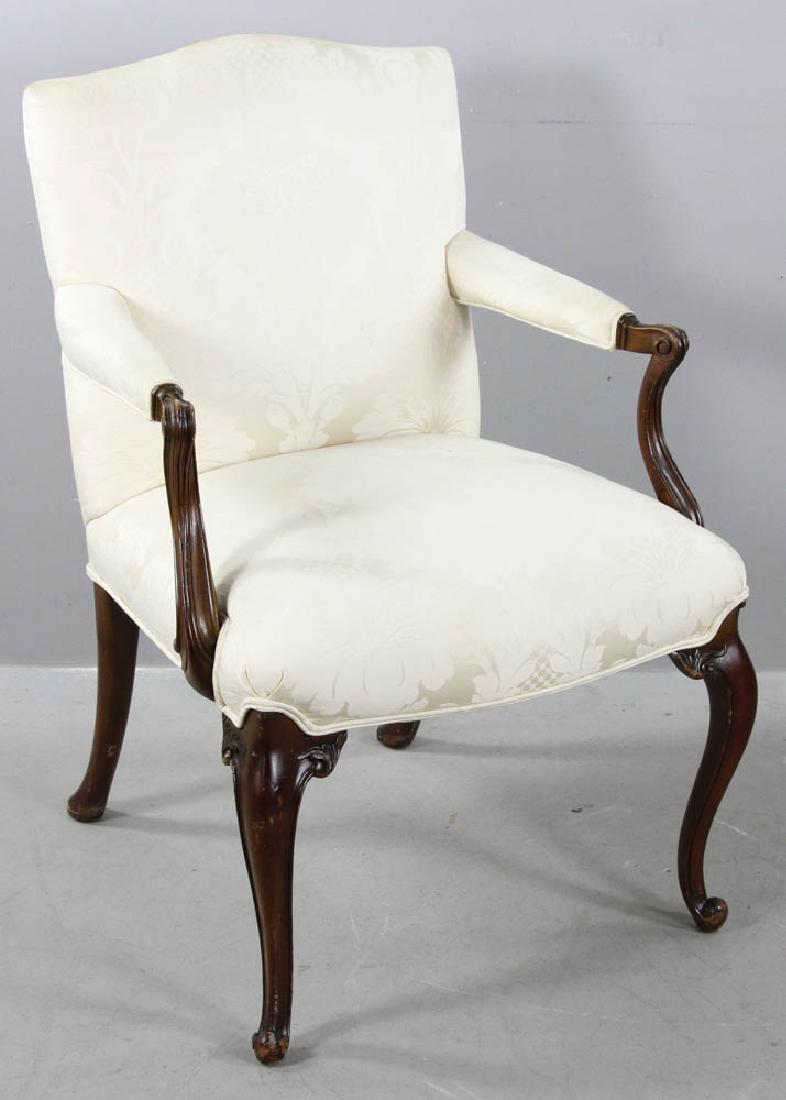 French Style Chair with Damask Upholstery: French-style chair with white damask upholstery, 36" H x 24" W x 22" D. Provenance: Richard and Phyllis Krock family.