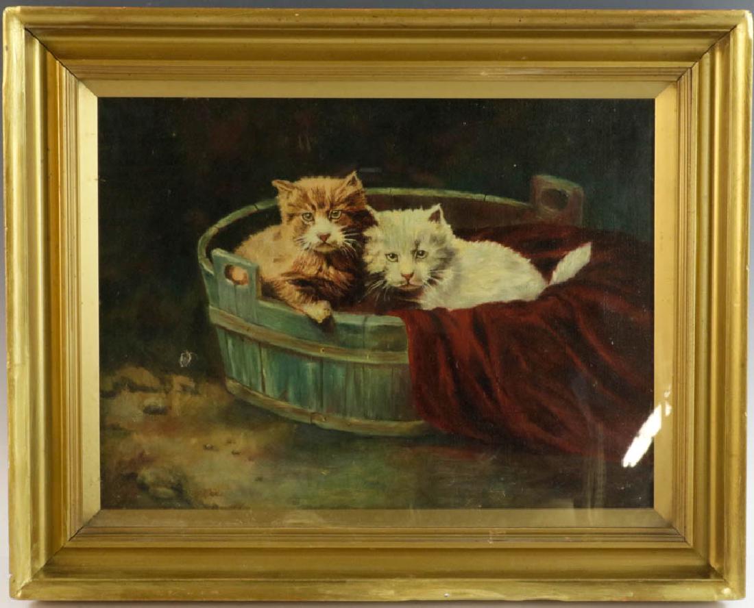 19thC, Kittens in Bucket, Oil on Canvas (1 of 4)