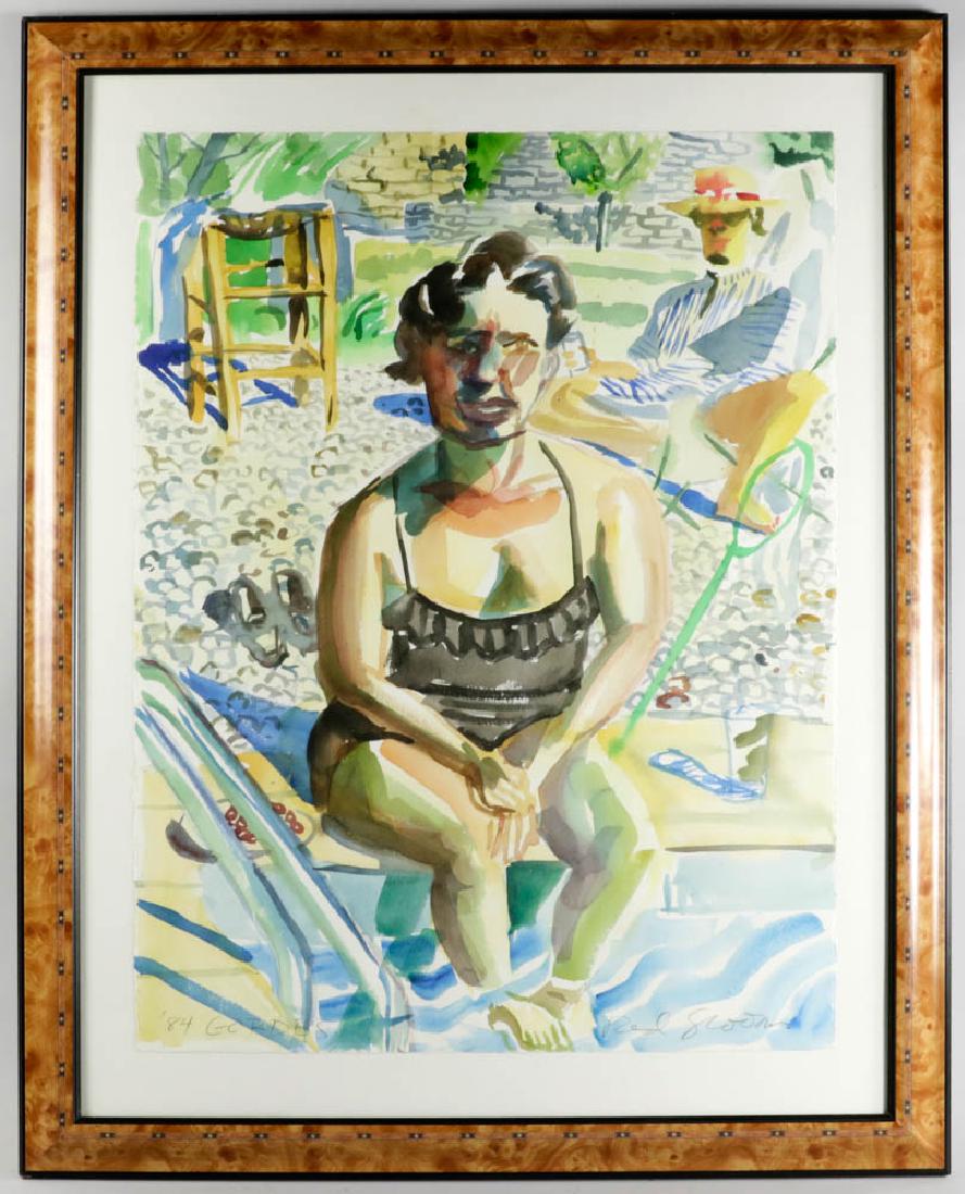 Red Grooms, Figures at Pool, Watercolor: Red Grooms (American b. 1937), female figures seated at the pool, watercolor, signed lower right, titled 'Gordes' and dated '84', 29" x 22", framed 38" x 30. Provenance: Doris and Irving Morris estate