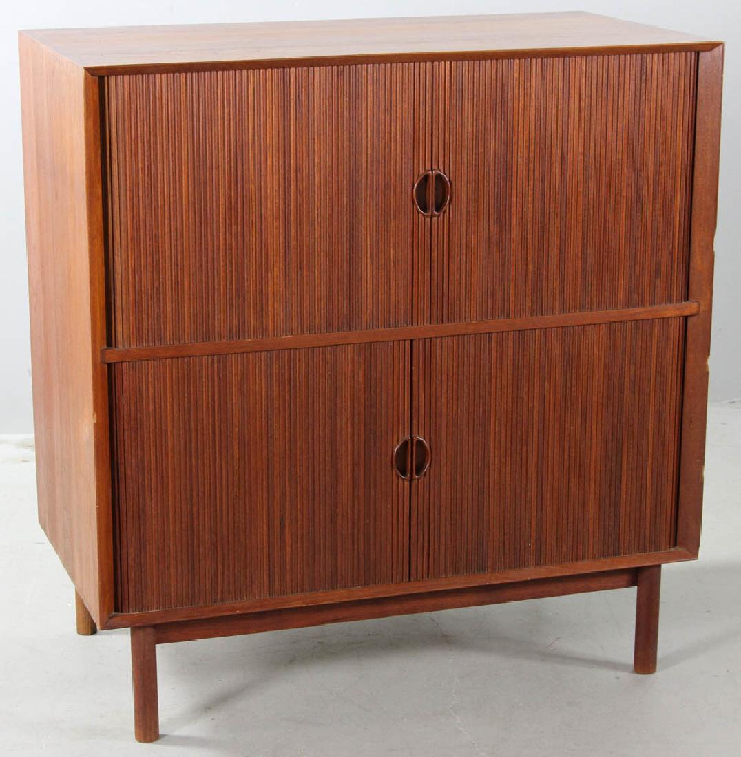 Danish Modern Teak Tambour Chest: Danish Modern teak tambour chest on legs, 37" H x 35 1/2" L x 18 3/4" D.