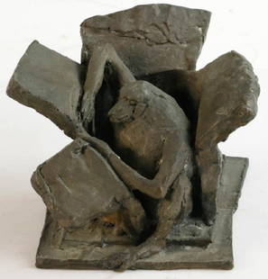 Elbert Weinberg, Monkey and Box, Bronze: Elbert Weinberg (American, 1928-1991), monkey and box, bronze, 4 1/4" H x 5 3/4" x 4 1/2".