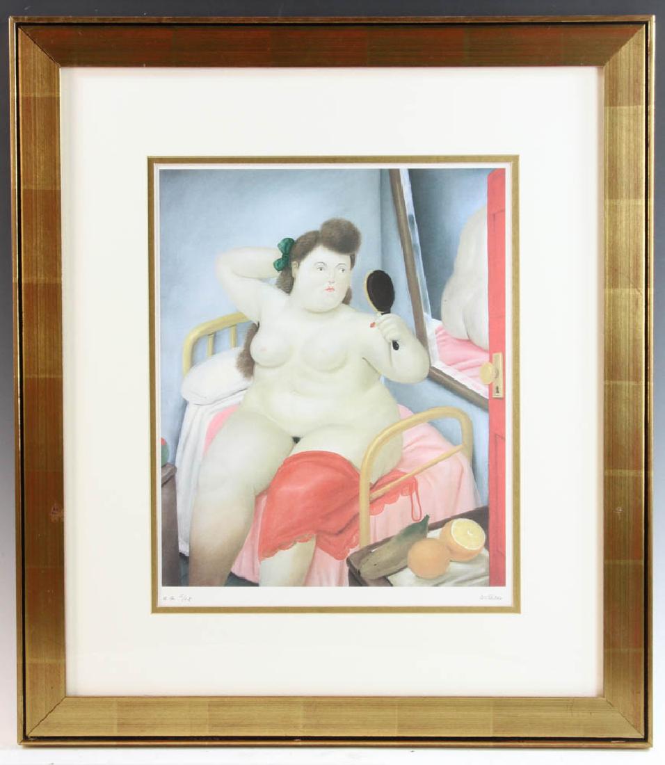 Fernando Botero, Nude, Ltd Edition Print: Fernando Botero (Columbian b. 1932), signed limited edition print, nude female figure, signed in pencil, numbered '5/18', 15" x 12", framed 23 1/2" x 20 1/2". Provenance: Doris and Irving Morris estat