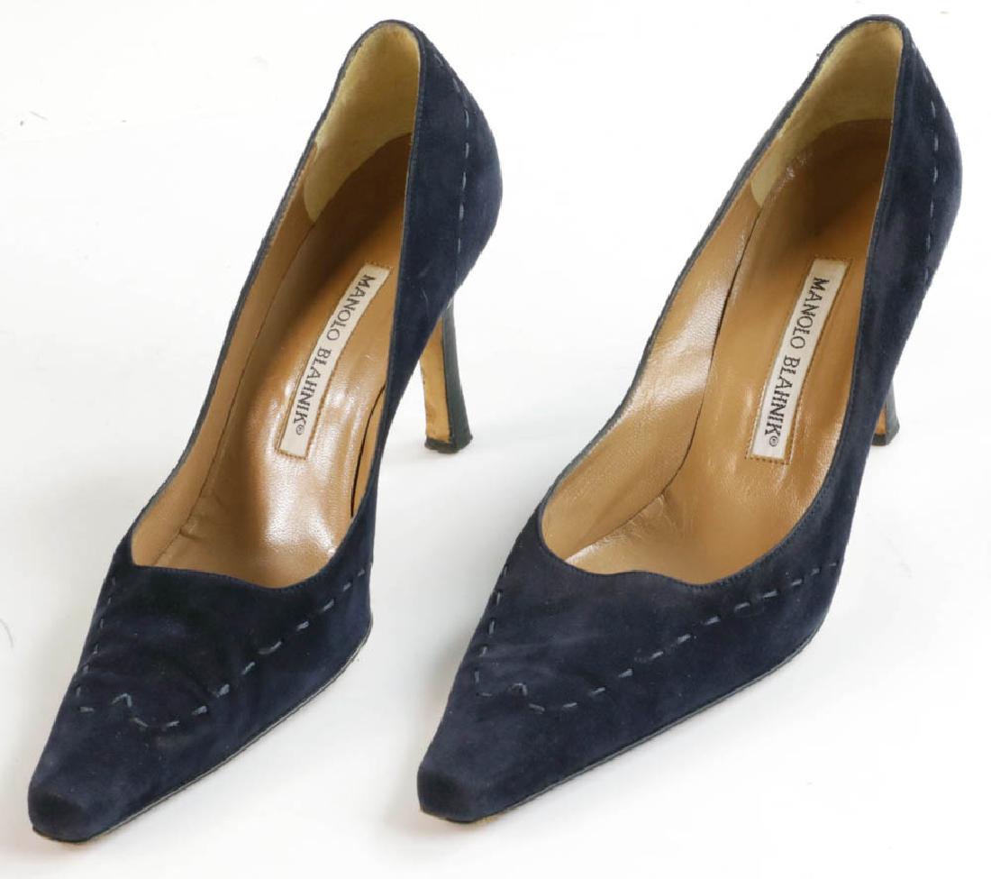 Pair of Manolo Blahnik Navy Suede Heels: Pair of Manolo Blahnik navy blue suede heels, size 37 1/2. Provenance: Richard and Phyllis Krock family.