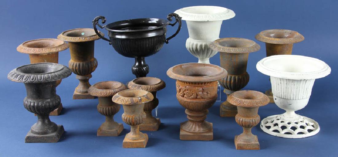 Group of Iron Planters: Group of (13) cast iron planters, ranging in size from 9" to 45". Provenance: Studio Props of Martha Stewart.
