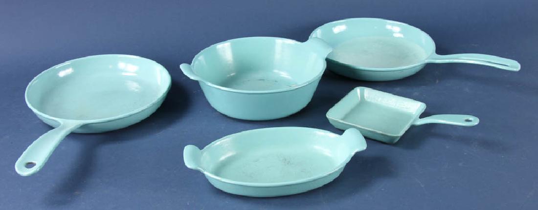 Group of Prizer Ware Cookware Items: Group of five turquoise Prizer Ware enamel cookware items. Provenance: Studio Props of Martha Stewart.