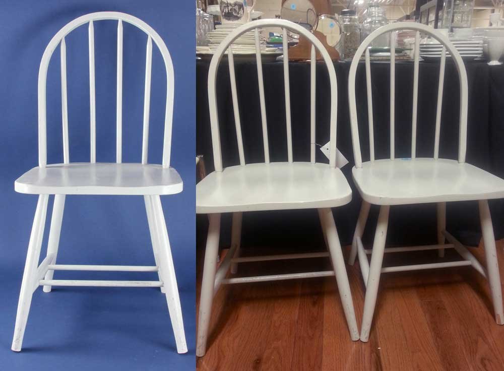 Three Painted Wood Chairs: Three painted wood hoop-back chairs, 36" H x 17 1/4" W x 17" D. Provenance: Studio Props of Martha Stewart.