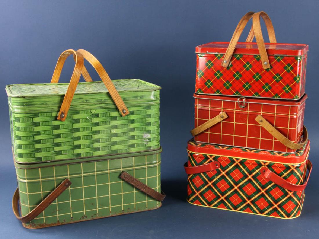 Group of Vintage Metal Picnic Boxes: Group of five vintage metal picnic boxes. Provenance: Studio Props of Martha Stewart.