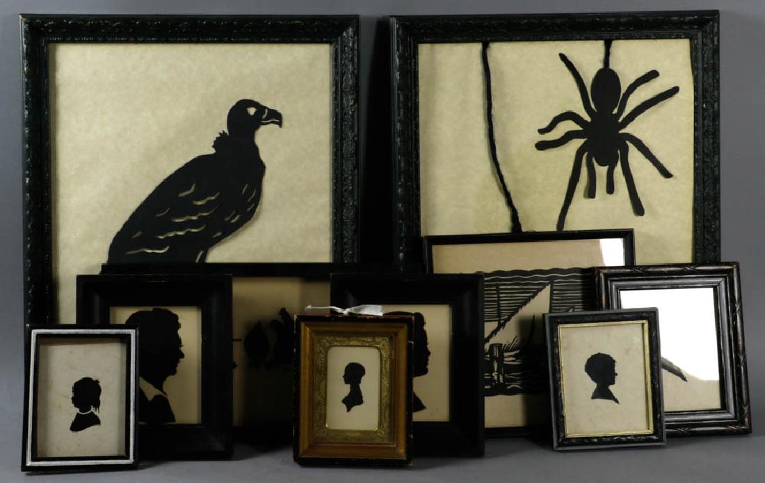 Antique Silhouettes: Collection of antique silhouettes, ten in total, largest 15 /34" x 12 7/8". Provenance: Studio Props of Martha Stewart.