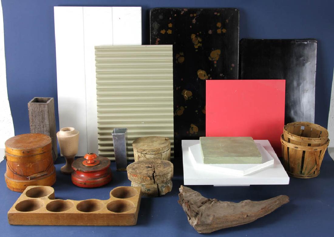 Assorted wooden Items: Assorted wooden items to include trays, firkin, etc. largest piece measures 24" x 13 5/8". Provenance: Studio Props of Martha Stewart.
