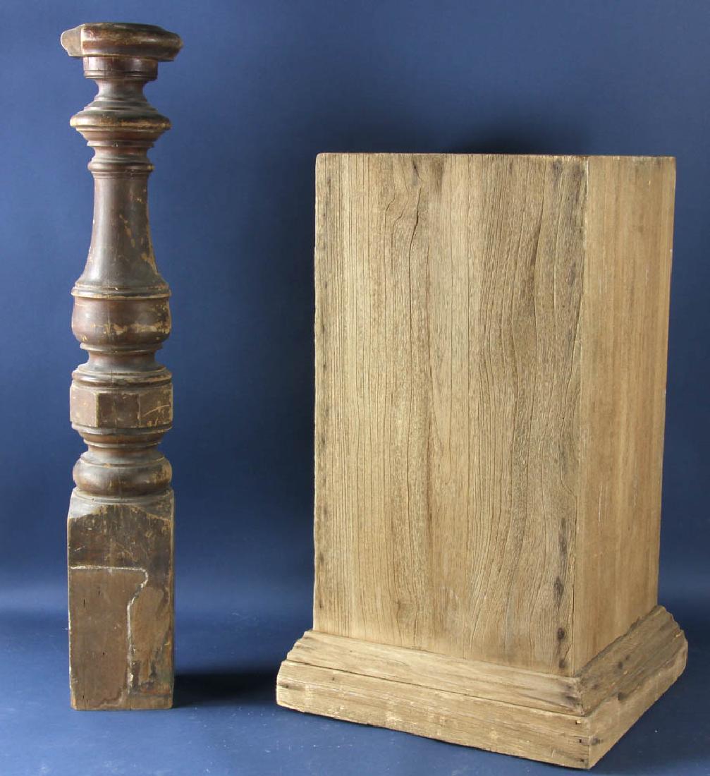 Turned Banister Column and Pedestal: Two wooden pieces to include one turned banister column and a square pedestal, column measures 38 1/2" H. Provenance: Studio Props of Martha Stewart.