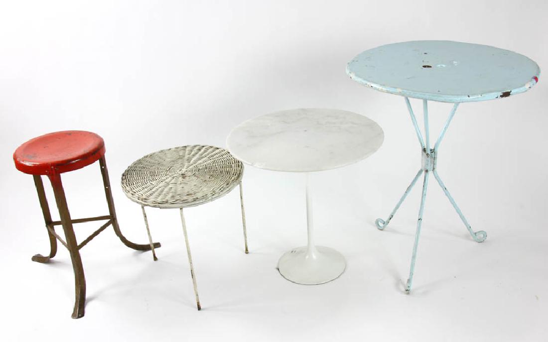 Miscellaneous Stands: Miscellaneous stands to include two metal, one wicker and one with a marble top which measures 20 1/4" H x 20 1/2" in diameter. Provenance: Studio Props of Martha Stewart.