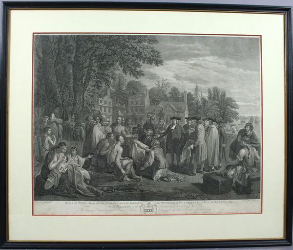 B. West, Penn's Treaty w/ Indians, 1775, Engrav: Artist: Benjamin West, Title: William Penn's Treaty with The Indians, Printmaker: John Hall, Pub: John Boydell, Date: 1775, Medium: Stipple engraving, Sight size: 16 5/8 x 23, Inscribed: Artist, publi