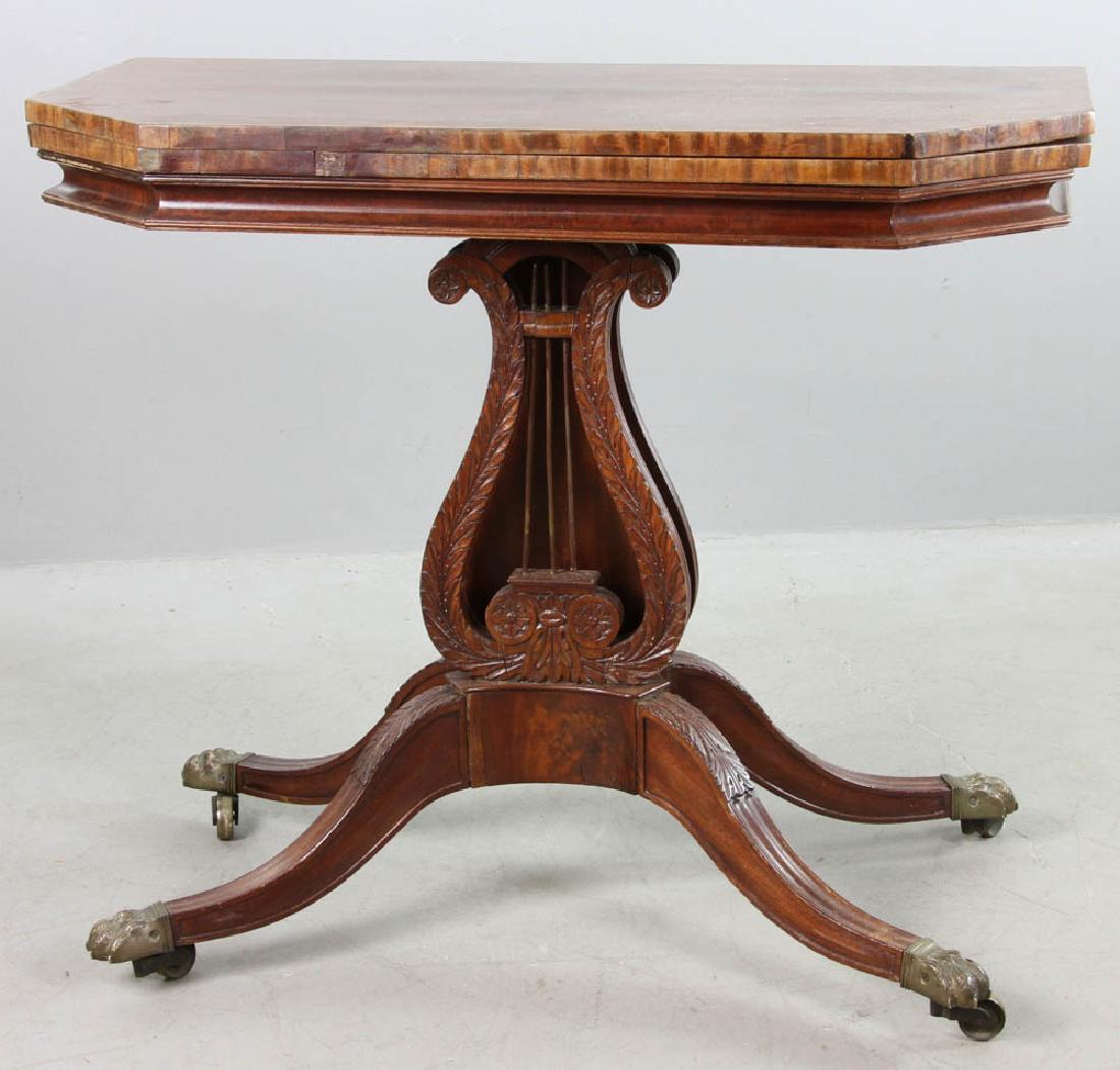 19thC Duncan Phyfe New York Card Table: Early 19th century Duncan Phyfe New York card table with lyre center section, 29 3/4" H x 36" L x 17 1/2" W.