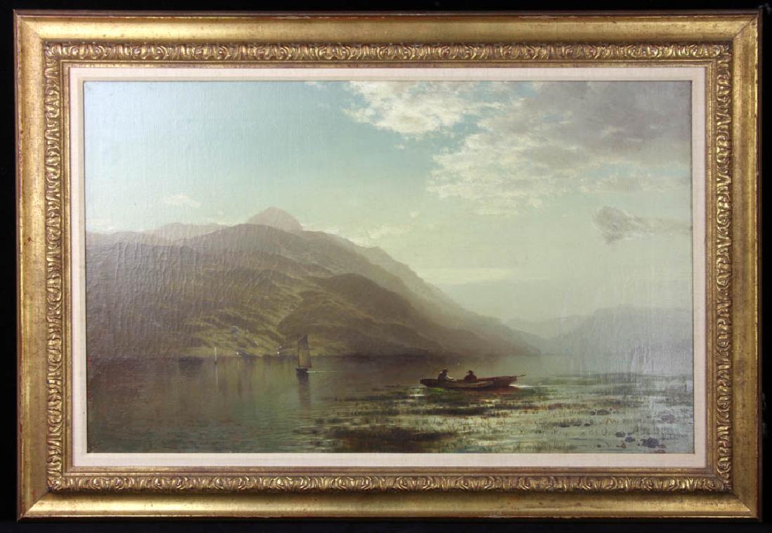 Signed Arthur Parton, 19thC Adirondack View: 19th century Adirondack view, oil on canvas, signed Arthur Parton (1843-1914), dated 1873, labeled 'Anglers on the Lake', Kennedy Gallery N.Y., 19" x 30", framed 25" x 36". Provenance: Long Beach, Cal