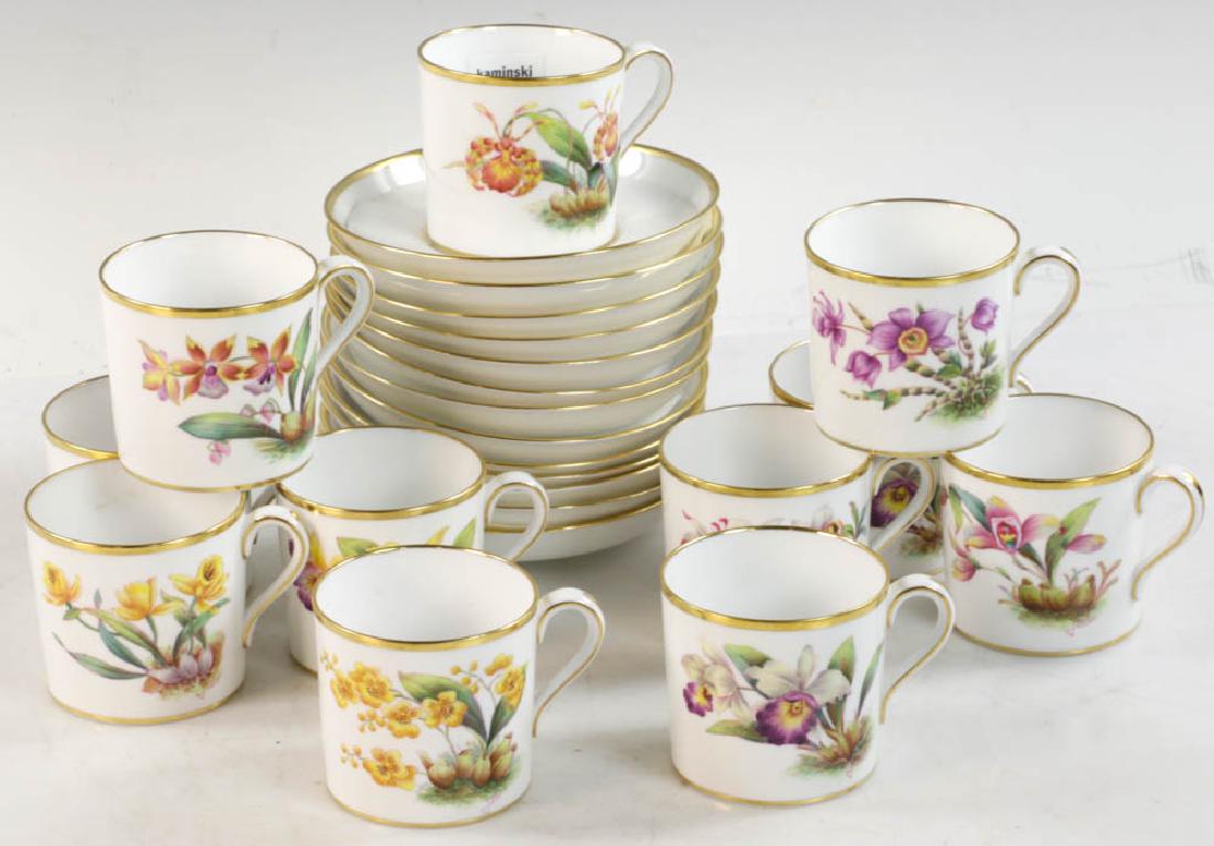 Copeland Spode Porcelain Cups and Saucers: Copeland Spode porcelain cups and saucers, botanical, handpainted, including (11) cups and (13) saucers.