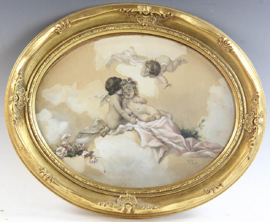 Virgilio Tojetti, Cupids, Oval Watercolor (1 of 4)