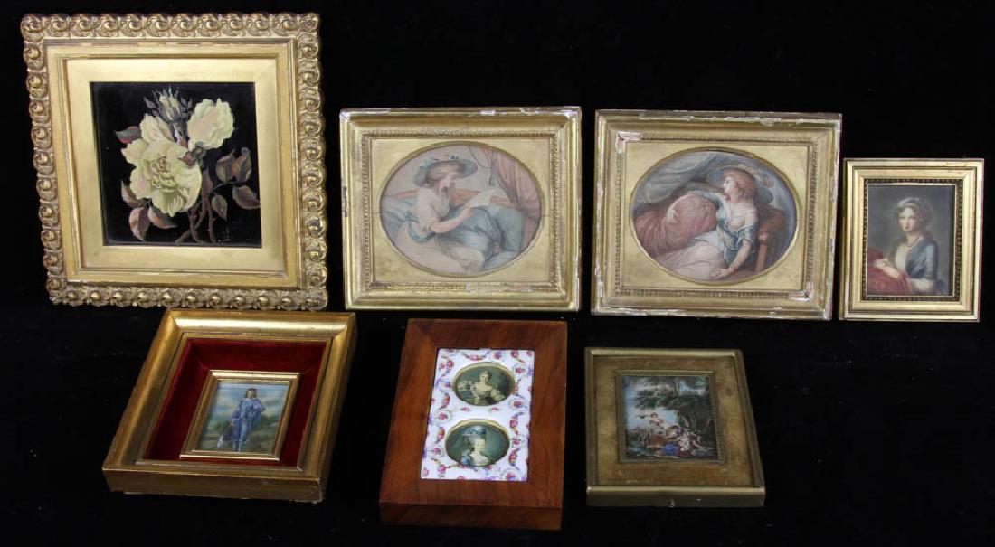 French Framed Miniatures: French framed miniatures, painted tile, seven total, largest 9 1/2" x 9 1/2".