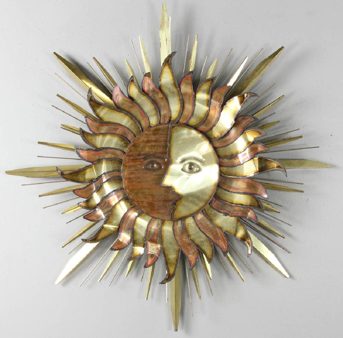 Mid Century Brutalist Metal Wall Sculpture: Mid-century Brutalist torched metal starburst celestial sun and moon wall sculpture, 39" diameter.