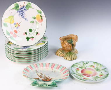 Porcelain and Pottery Collection: Porcelain and pottery collection to include: pottery shell form vase with frogs, 4 1/2"h. x 6"w.; (8) Palmer Smith Italian plates with fruit decoration, 9 3/4" dia.; (1) Choisy Le Roi scallop shaped d