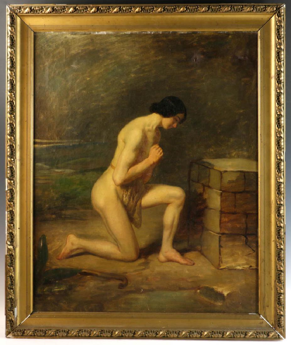 Early Oil on Canvas Study of Cain: Early oil on canvas study of nude Cain by stone altar, mid-19th century, probably French, Paris canvas shop label, 25" x 31" (view), in old plaster frame 30 1/2" x 36 1/2". Old damages and repairs. Pr