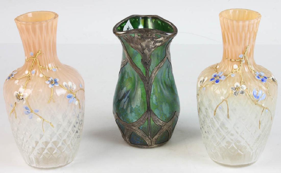 Loetz Type Vase Alvin Sterling Overlay and Two Vases (1 of 4)