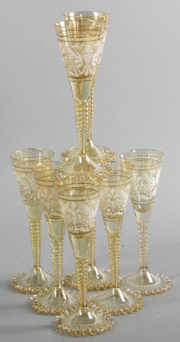 Set of Eight Venetian Style Wine Glasses: Set of eight Venetian-style wine glasses with enamel decoration, spiral stem, and ruffled base, 8" H. Provenance: Essex, Massachusetts collection.