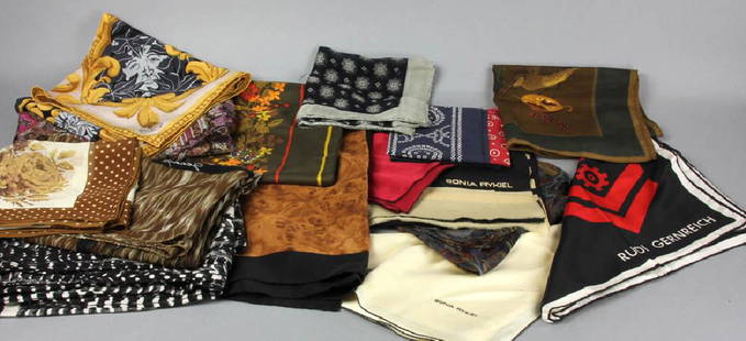 Collection of Designer Scarves: Collection of fifteen (15) scarves, silk, cotton and cashmere blends, makers include Valentino, Emporio Armeni, Jenny, Rudi Gernreich, English Eccentrics , Neiman Marcus, Sonia Rykeil, Irie Lolita, et
