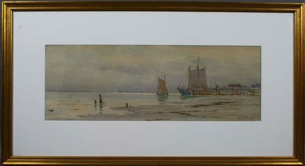 Sgnd William Paskell, Harbor Scene, w/c, 1897: William Frederick Paskell (American 1866-1951), harbor scene, w/c, 7" x 19", signed and dated LR "WM Paskell 97", framed 14 1/2" x 22 3/4". Good condition.