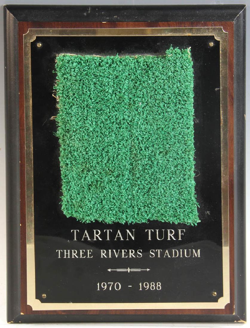 Mounted Tartan Turf Three Rivers Stadium: Mounted piece of 'Tartan Turf' from the Three Rivers Stadium (1970 -1988) with presentation note verso.