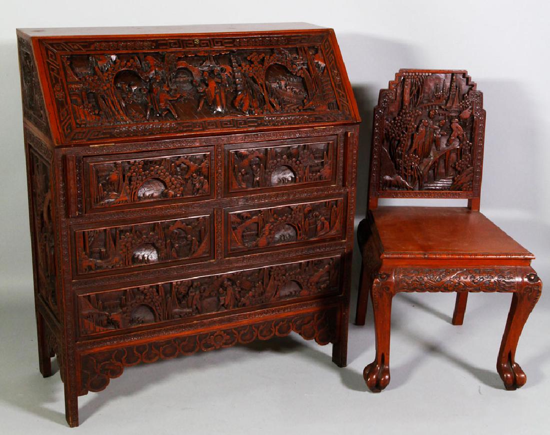 Chinese Export Hardwood Slant Lid Desk and Chair (1 of 4)
