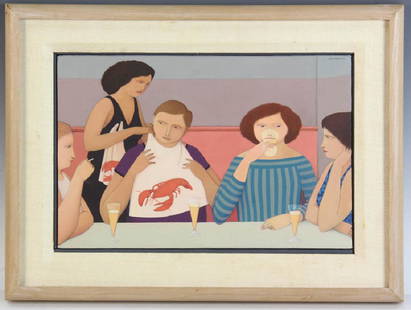 Andrew Stevovich Lobstaland Oil on Linen: Andrew Stevovich (b.1948), 'Lobstaland', oil on linen, signed U/R, dated 1983 verso with other info, 8" x 12", frame 12 1/4" x 16 1/4". Provenance: New York, New York estate.